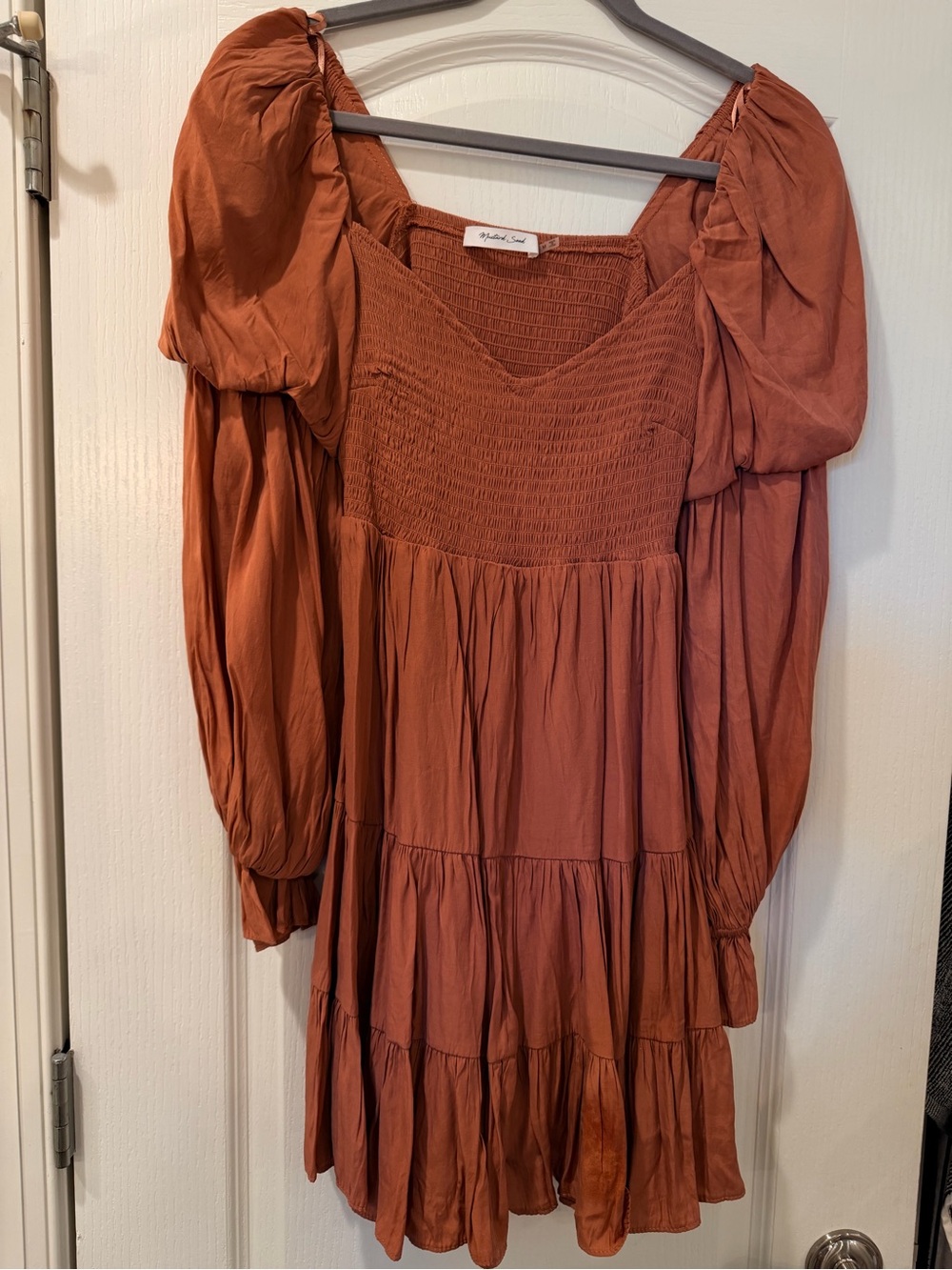 Mustard Seed Rust Apricot Smocked Puff-Sleeve Mini Dress